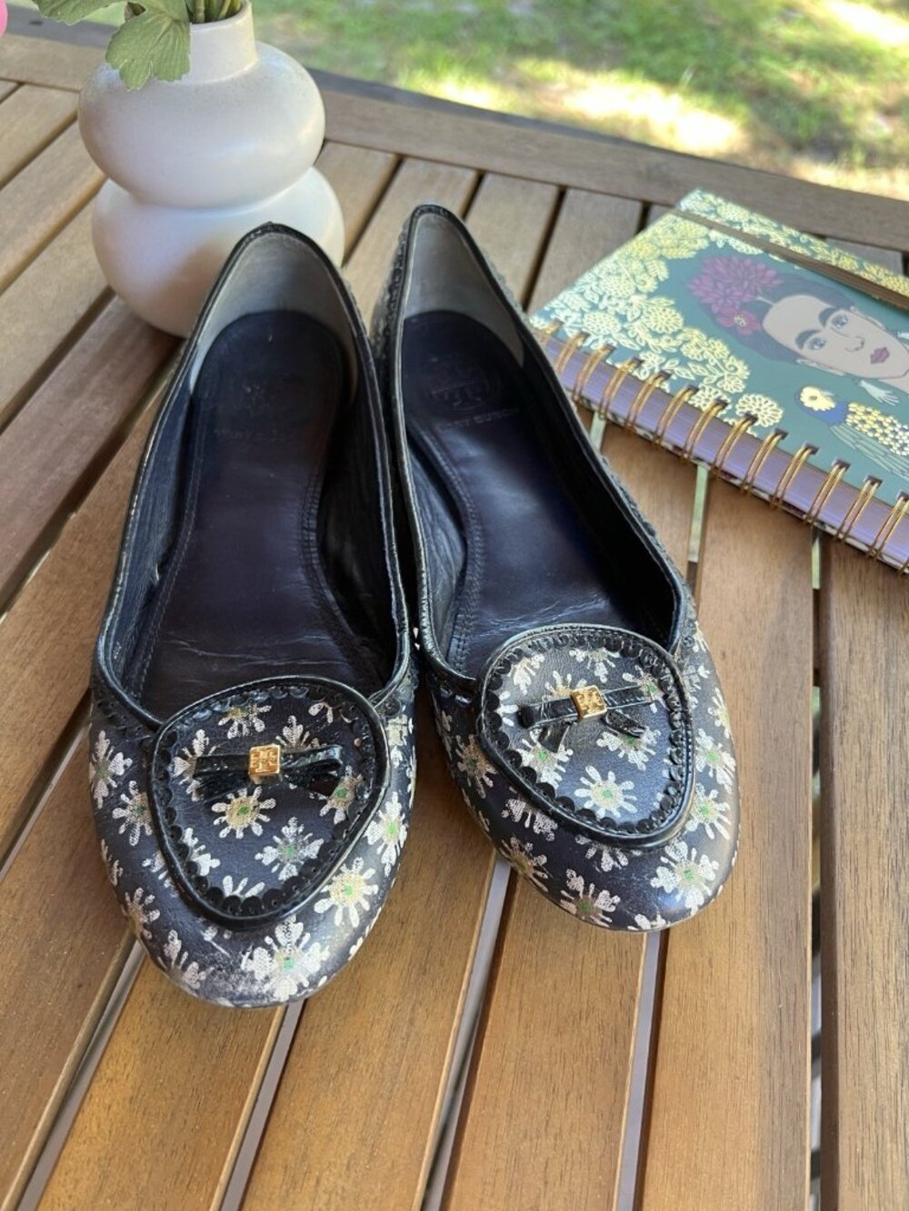 Tory Burch Navy Daisy Floral Ballet Flats Bow Logo Women’s 8M